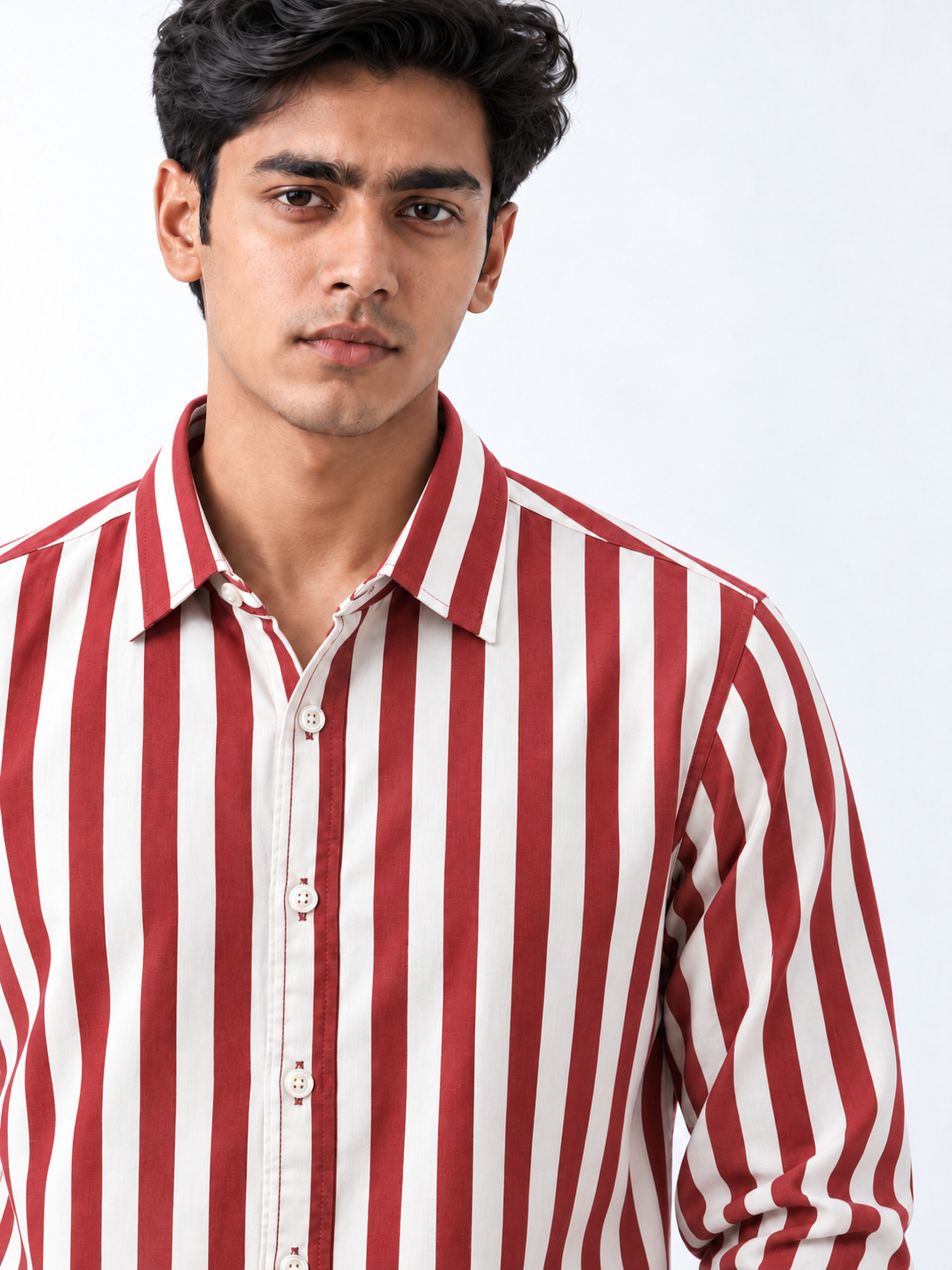 ROVO Brick Stripe 100% cotton casual shirt featuring brick-red stripes, pointed collar and cream buttons