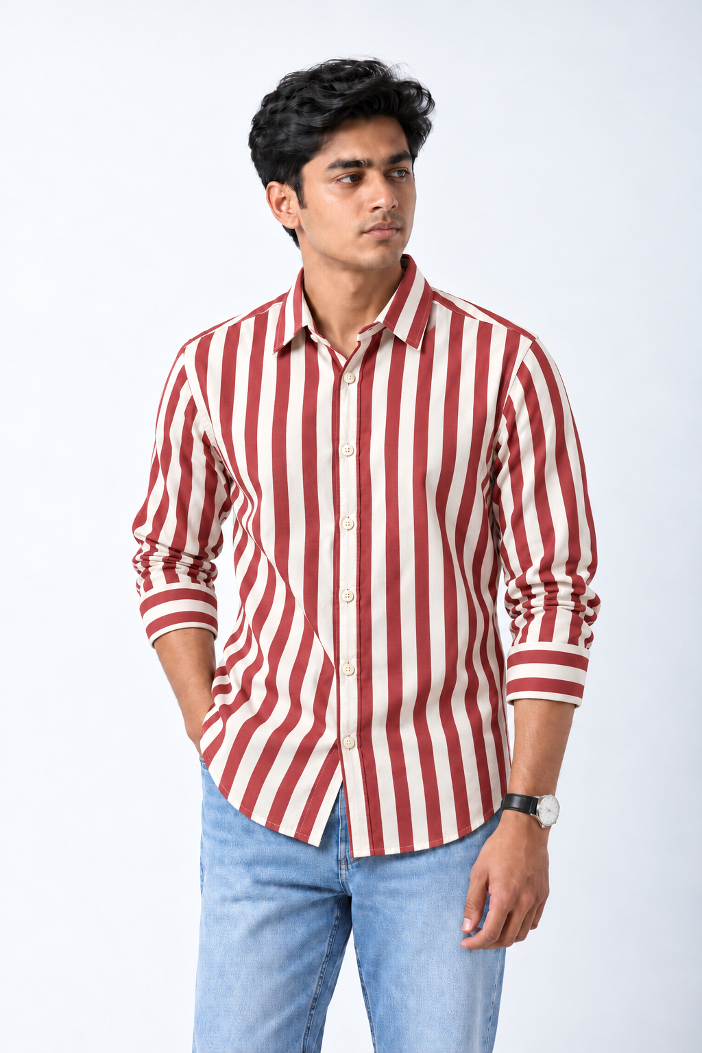 ROVO Brick Stripe men's red and ivory striped cotton casual shirt front view