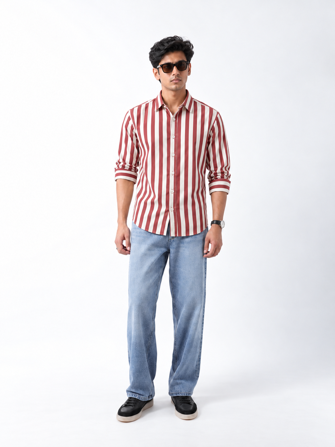 Men's ROVO Brick Stripe regular fit cotton shirt styled with light blue jeans