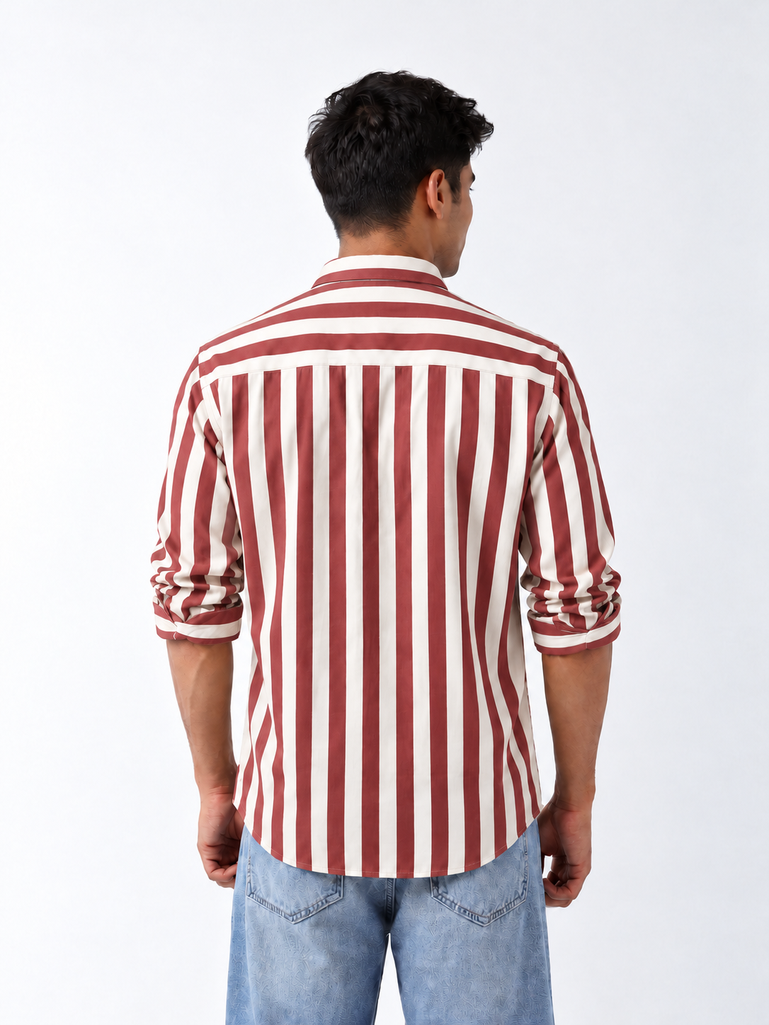 Back view of ROVO Brick Stripe men's shirt with horizontal striped yoke and vertical red stripes