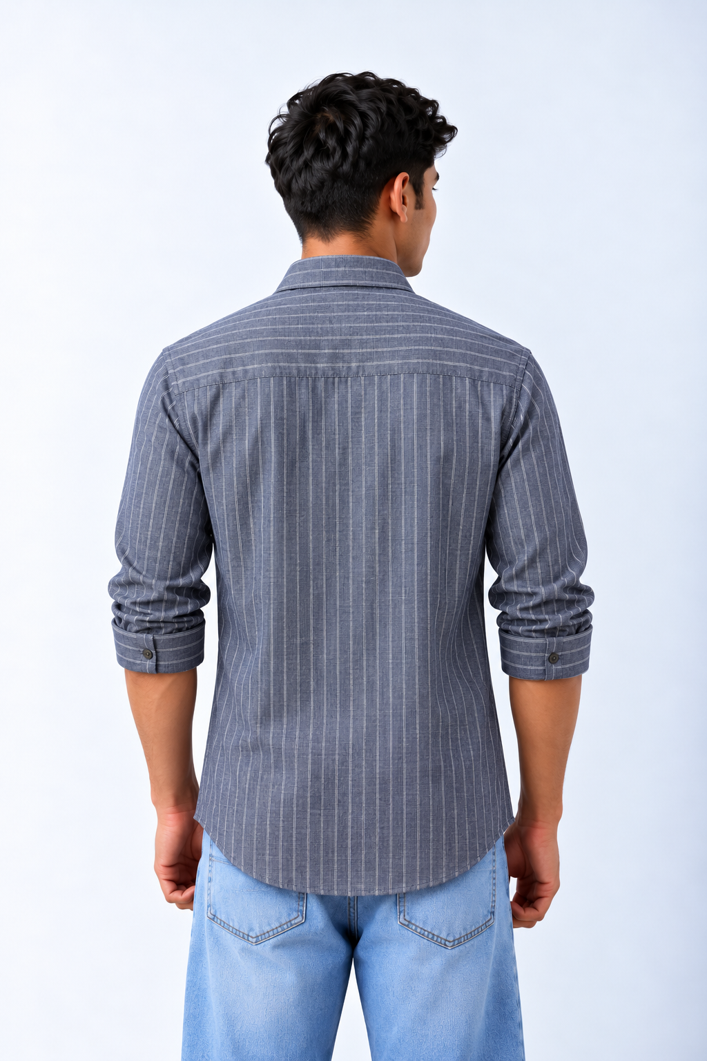 Back view of ROVO Ash Stripe men's casual shirt with horizontal striped yoke