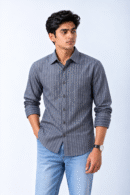 ROVO Ash Stripe men's cotton casual shirt in blue-grey, front model view