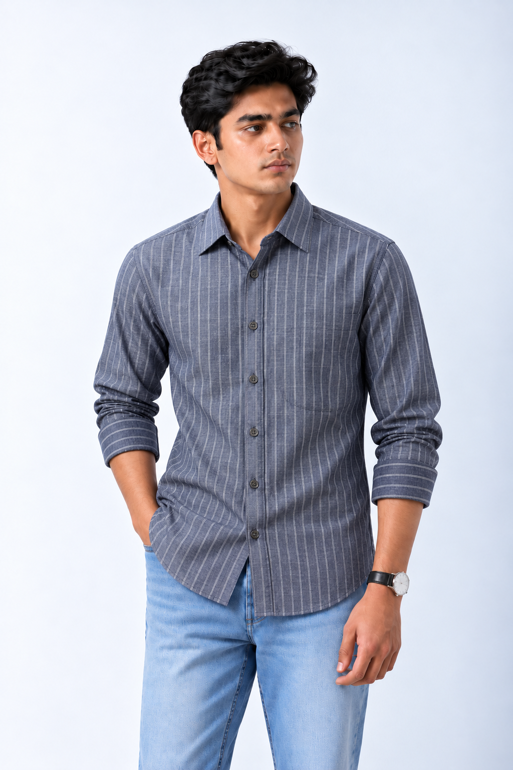 ROVO Ash Stripe men's cotton casual shirt in blue-grey, front model view