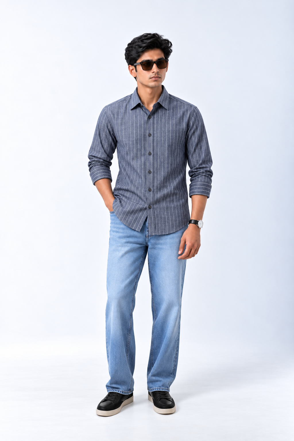 Men's ROVO Ash Stripe regular fit casual shirt styled with blue denim jeans