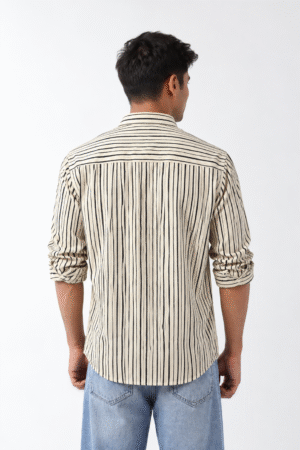 Back view of ROVO ivory striped shirt with horizontal upper yoke design