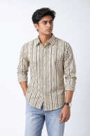 ROVO Ivory Ink Stripe men's cotton casual shirt, front view with artistic black stripes