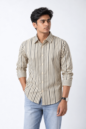 ROVO Ivory Ink Stripe men's cotton casual shirt, front view with artistic black stripes