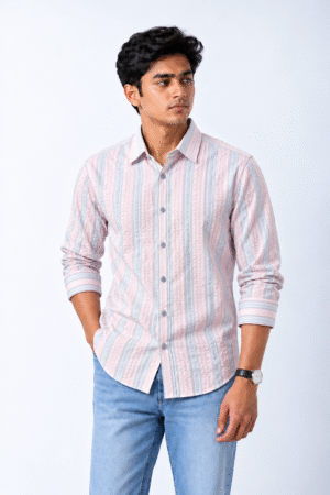 ROVO Blush Stripe men's pastel pink and blue textured casual shirt front view