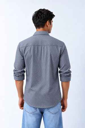 Back view of ROVO Slate Dot grey men's shirt with white polka dot pattern
