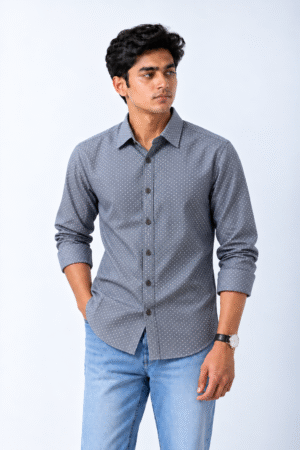 ROVO Slate Dot men's grey polka dot casual shirt front model view