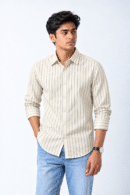 ROVO Ivory Line men's 100% cotton casual shirt with fine grey stripes front model view